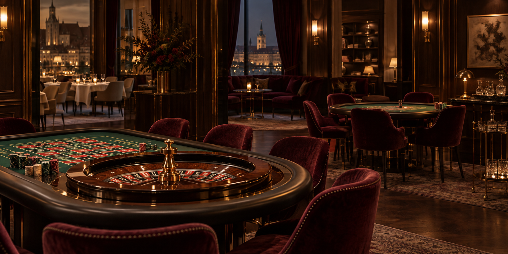 Elegancki salon gier sąsiadujący z restauracją